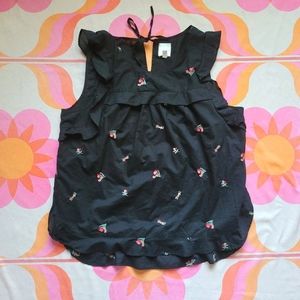 LC Lauren Conrad Black Sleeveless Ruffle Rose Embroidered Top